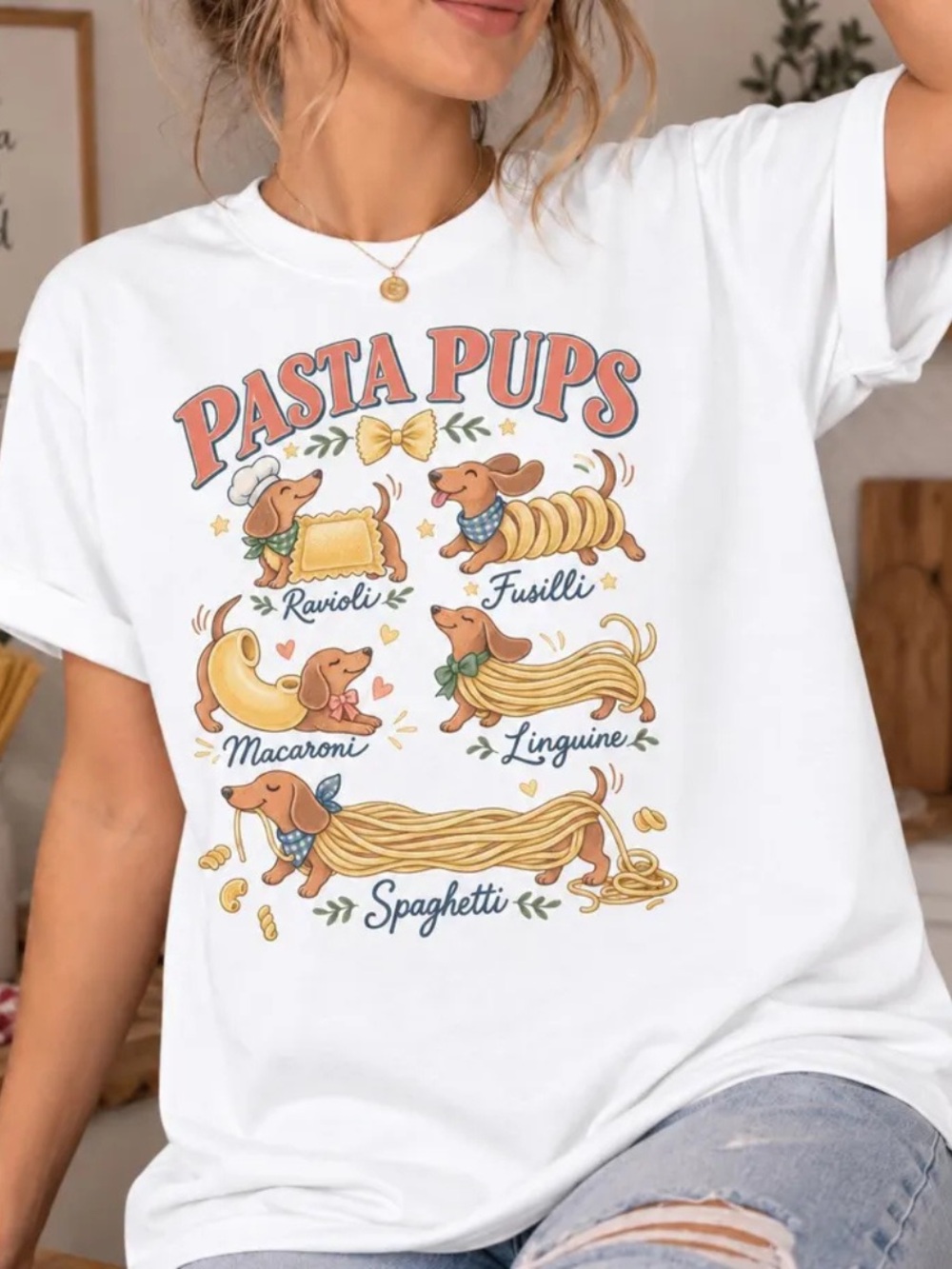 Gildan White 'Pasta Pups' Graphic Dog Tee with Warm Tan & Blue Accents